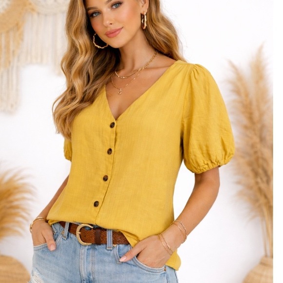 Ott Tops - Ott Womens Mustard Yellow Button Front Puff Sleeve Blouse Large NEW